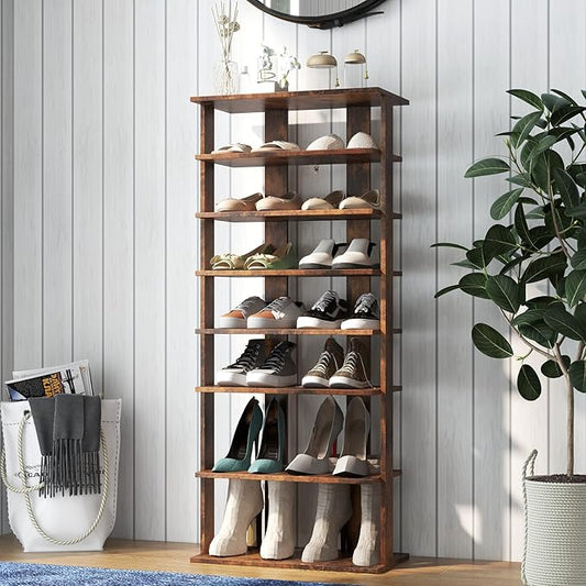 COSTWAY 7 Tiers Shoe Rack, Double Rows Vertical Tall Narrow Patented Shoe Organizer, Free Standing Shoe Rack for Small Space, Entryway, Closet, Living Room, Bedroom (Rustic Brown)