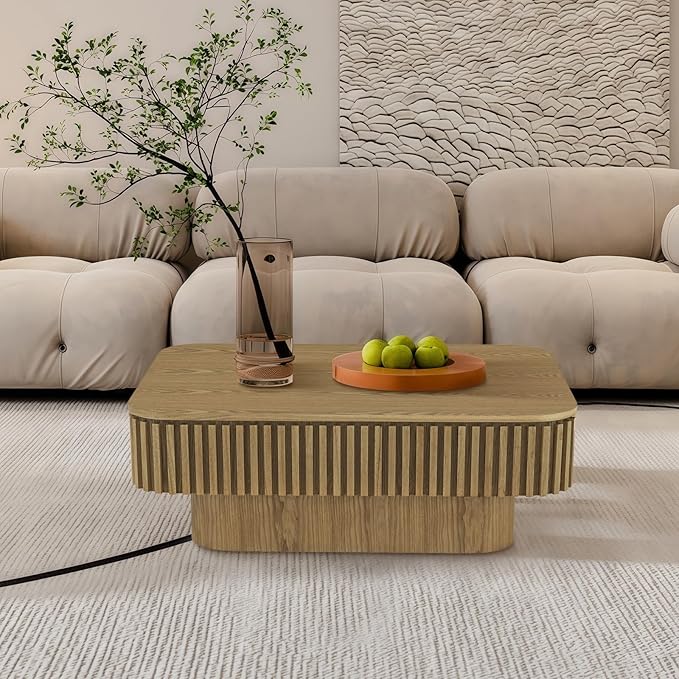 Lift Top Coffee Table for Living Room, Fluted Coffee Tables with Storage, Solid Wood Veneered Modern Accent Tea Center Table for Small Space Apartment (Natural-38.6''D×26.8''H)