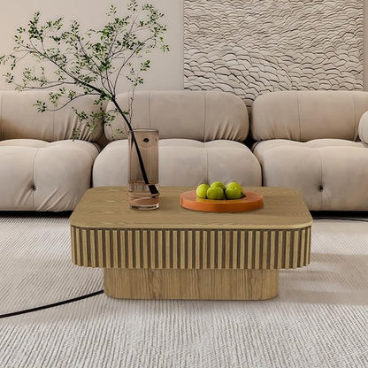 Lift Top Coffee Table for Living Room, Fluted Coffee Tables with Storage, Solid Wood Veneered Modern Accent Tea Center Table for Small Space Apartment (Natural-38.6''D×26.8''H)