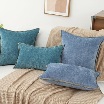 decorUhome Chenille Soft Throw Pillow Covers 16x16 Set of 2, Farmhouse Velvet Neutral Decorative Euro Pillow Covers with Stitched Edge for Couch Sofa Bed Home Decor, Blue