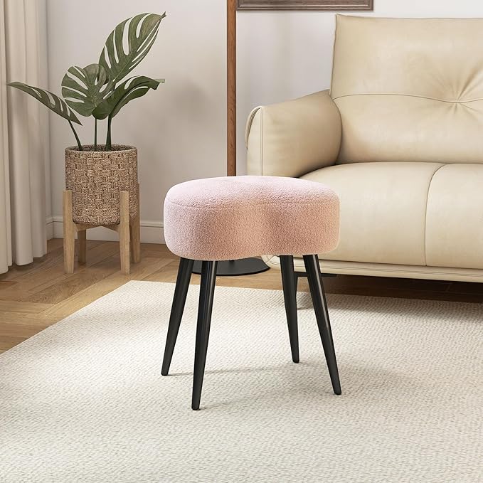 White Vanity Stool, Soft Makeup Stool with Solid Metal Legs for Vanity Corner, Morden Footrest Easy to Assembly (Pink)
