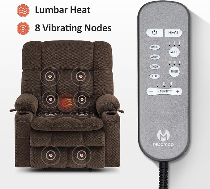 MCombo Oversized Power Lift Recliner Chair for Elderly, Dual Motor Lift Chair with Heat and Massage, Lay Flat Lift Chair for Big and Tall, Cup Holders, Fabric R7891 (Oversize, Mocha)