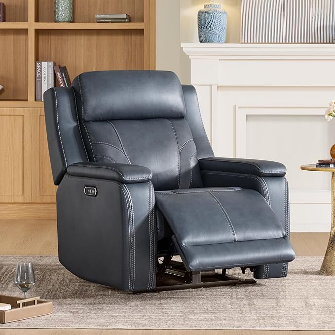 Watson & Whitely Genuine Leather Electric Recliner Chairs for Adults, Lay Flat Recliner with Power Headrest & Chargers for Living Room, Blue