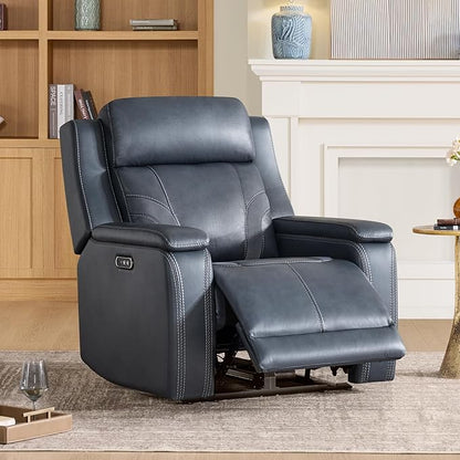 Watson & Whitely Genuine Leather Electric Recliner Chairs for Adults, Lay Flat Recliner with Power Headrest & Chargers for Living Room, Blue