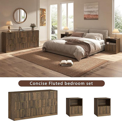 3-Piece Modern Bedroom Furniture Set, Wide 9-Drawer Dresser & 1-Drawer Nightstands Set of 2, Natural Wood Dresser and Nightstand Sets for Bedroom, Hallway, Walnut