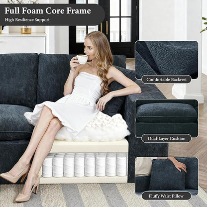 108" Sectional Couches for Living Room Boneless Couch Upholstered Cloud Couch Sectional Modular Sectional Sofa with L Shaped (Chenille-Blue, 4 Seat+2 Ottoman)
