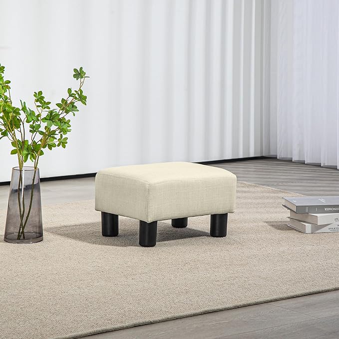 HOMCOM Ottoman Foot Rest, Small Foot Stool with Linen Fabric Upholstery and Plastic Legs, Cube Ottoman for Living Room, Beige