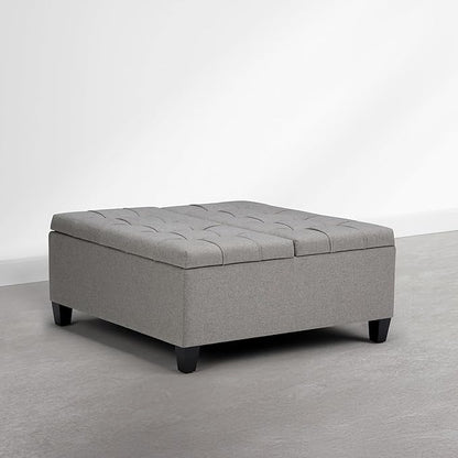 SIMPLIHOME Harrison Coffee Table Storage Ottoman - 36 inch Wide Upholstered Linen Look Fabric Square Storage Ottoman in Oyster Grey, Transitional Tufted Ottoman for Living Room with Split Lift-Up Lid