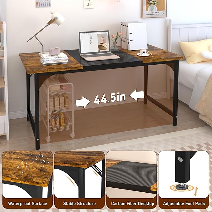 StarGraph Gaming Desk 47 Inch Modern Computer Desk Large Home Office Desks with Carbon Fiber Desktop Study Writing Work Game Desks with Sturdy Metal Frame, Rustic Brown