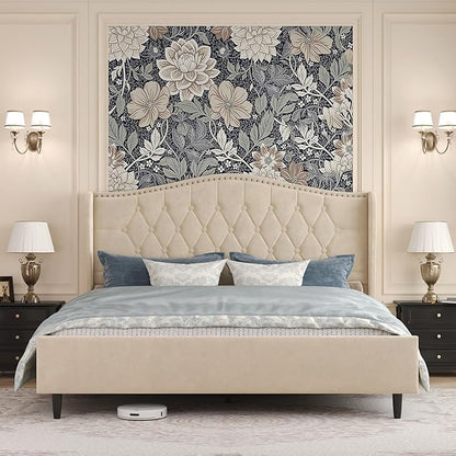 Belffin Full Size Bed Frame with Headboard, Upholstered Velvet Luxury Bed Frame with Wingback, Anti-Slide Tall Footboard, Button Tufted & Nailhead Trim, Noise-Free, No Box Spring Needed, Beige