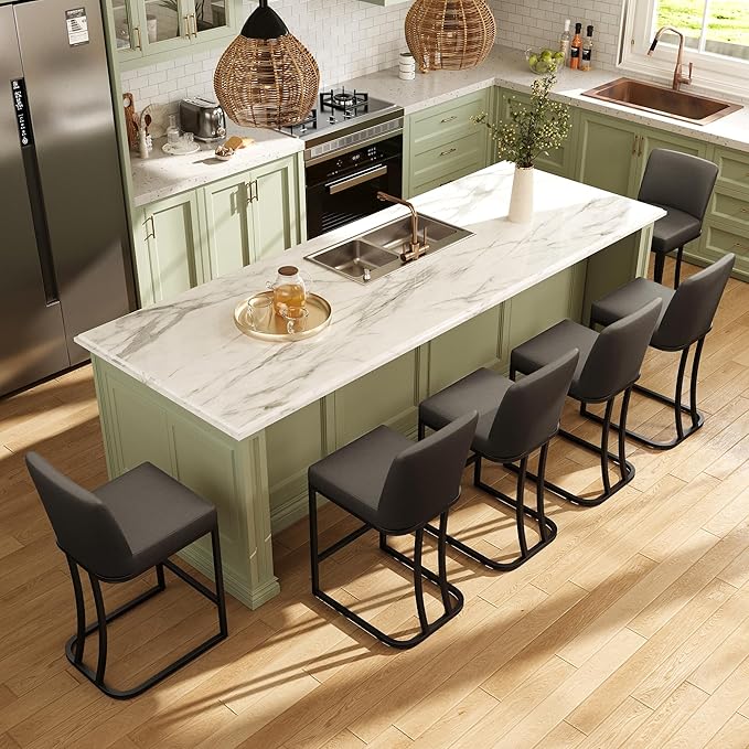 MAISON ARTS Counter Height Bar Stools with Back Set of 6 for Kitchen Counter, 24 Inch Modern Upholstered Faux Leather Barstools Farmhouse Bar Chairs Luxury Island Stools Support 330LBS, Grey