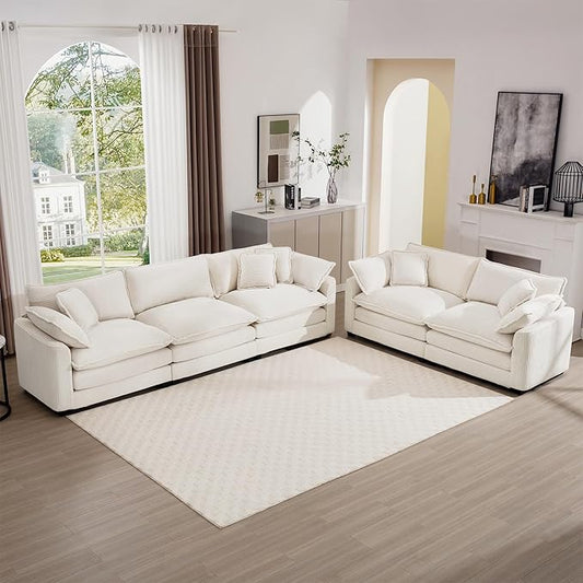 mikibama Luxury 2 Piece Sofa Set, 3-Seater & Loveseat Couch Set, Modern Corduroy Comfy Cloud Couches Set for Living Room Office with 4 Armrest Pillows and 5 Toss Pillows, Beige