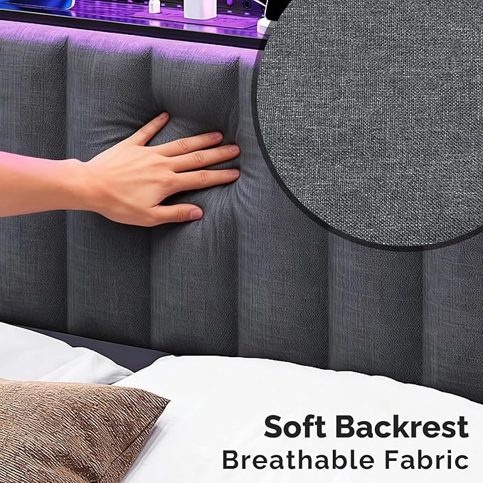 VINGLI Full Size Headboard Only, Adjustable Upholstered Headboard with 3 Tier Shelves and Pegboard with Charging Stations and LED Lights, Modern Bed Headboard with Storage for Bedroom Decor
