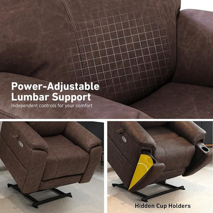 EONIX Triple Motor Lay Flat Power Lift Recliner Chair for Elderly, 400lbs Large Electirc Lift Chair for Living Room, Independent Adjustable Lumbar, Extended Footrest, Hidden Cup Holders, Dark Brown
