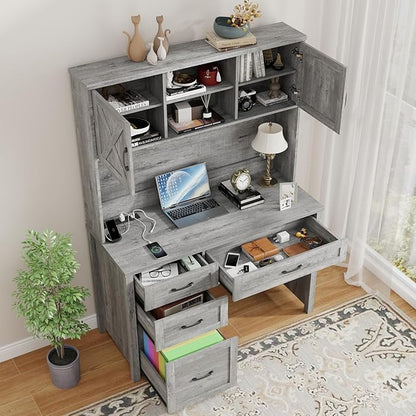 Farmhouse 67" H Executive Desk with Hutch,Computer Desk with 4 Drawers and LED light, Office table with Storage Cabinet & File Drawers and Charging Station,Workstation for Home Office and Study(Grey)