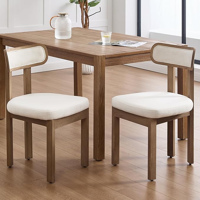 Beige Dining Chairs Set of 2, Mid Century Modern Linen Dining Room Chairs with Curved Back, Armless Kitchen Chairs for Living Room/Restaurant/Balcony/Bedroom/Home Desk/Task