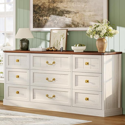 AOGLLATI Farmhouse 9 Drawers Dresser for Bedroom, 63" Wide Wood Rustic Chest of Drawers with Natural Texture, Vintage Design, Long Wide Storage Dresser for Bedroom, Antique White