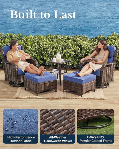 HILLGA Luxury Outdoor Swivel Rocker Patio Chairs of 2 with 6 Inch Thick Cushions and Side Table, Swivel Outdoor Chairs 5PCS High Back Wicker Patio Furniture Set for Porch, Balcony, Deck in Blue