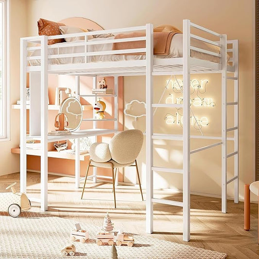 SUNLEI Metal Twin Loft Bed with Desk, Twin Size Loft Bed with 2 Built-in Ladders & Safety Guard, Noise Free for Small Bedroom, Matte White