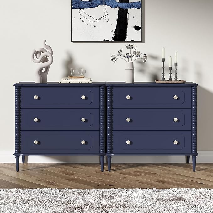 3 Drawer Dresser, 32 inch Wide Dresser for Bedroom, Modern Wood Chest of Drawers, Turned Legs Nightstand with 3 Drawers for Dorms, Hallway, Entryway (Blue)