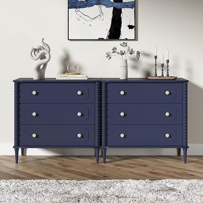 3 Drawer Dresser, 32 inch Wide Dresser for Bedroom, Modern Wood Chest of Drawers, Turned Legs Nightstand with 3 Drawers for Dorms, Hallway, Entryway (Blue)