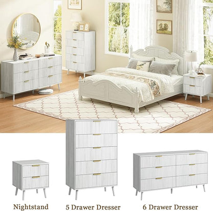 CARPETNAL Fluted 6 Drawer Dresser for Bedroom, 55" Wide Wooden Chest of Drawers with Rounded Corners, Gold Handles, Modern Storage Organizer for Bedroom, Hallway(White)