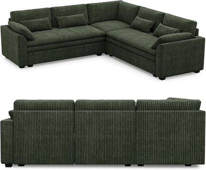 Belffin Large Modular Sectional Sofa with Double 61" Loveseat, Corduroy Corner Couch with 9" Soft Dual-Layer Seats Cushion for Living Room, Apartment, Small Sapce, Green