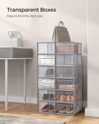 SONGMICS Shoe Boxes, Pack of 12 Shoe Storage Organizers, Stackable Clear Plastic Boxes for Closet, Sneakers, 13.1 x 9.1 x 5.6 Inches, Transparent and Gray ULSP006G12