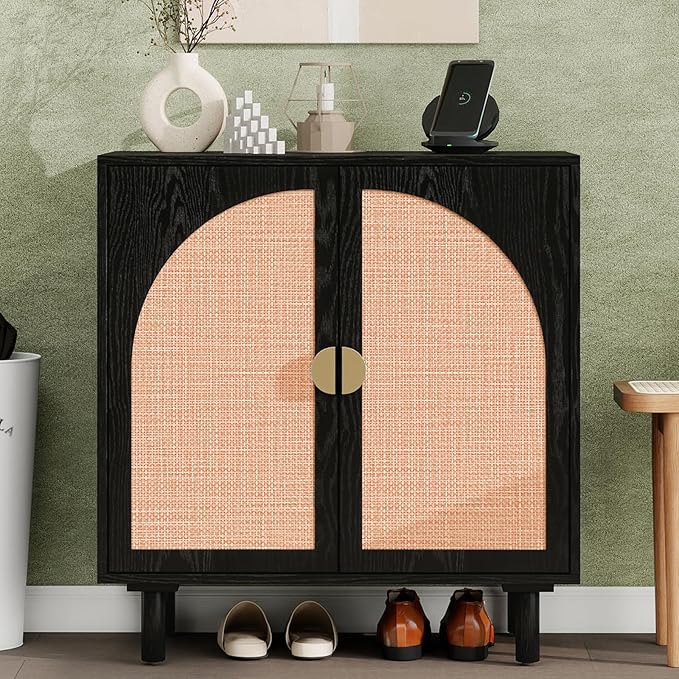 Black Rattan Cabinet-2-Doors,Sideboard Buffet Cabinet with Storage-Accent Storage Cabinet with Cane Door, Boho Wood Credenza for Dining Room, Bathroom, Study, Kitchen