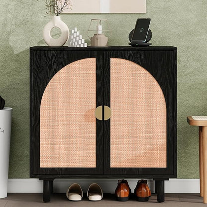 Black Rattan Cabinet-2-Doors,Sideboard Buffet Cabinet with Storage-Accent Storage Cabinet with Cane Door, Boho Wood Credenza for Dining Room, Bathroom, Study, Kitchen