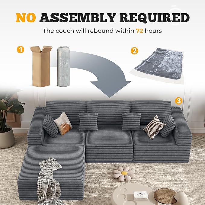 113" Modular Sectional Sofa, Convertible L-Shaped Cloud Couches for Living Room with Ottoman, 4 Seater Corduroy Boneless Couch Sofa Set, No Assembly Required, Grey 1 PCS