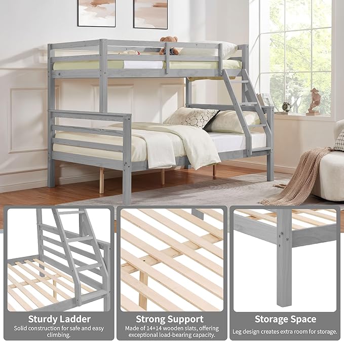 Softa Twin Over Full Bunk Bed with Thick Posts,Wooden Bunk Bed with High Guardrail and Ladder for Kids, Teens, Dorm Rooms, and Guest Rooms,No Box Spring Needed,Grey
