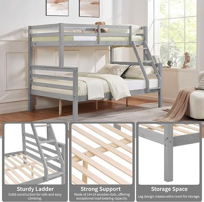Softa Twin Over Full Bunk Bed with Thick Posts,Wooden Bunk Bed with High Guardrail and Ladder for Kids, Teens, Dorm Rooms, and Guest Rooms,No Box Spring Needed,Grey