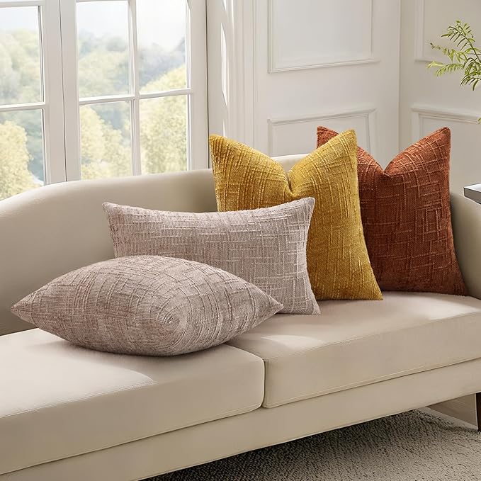 decorUhome Light Brown Chenille Throw Pillow Covers 22x22 Set of 2 Thick Textured Slubby Couch Pillow Covers Farmhouse Accent Modern Neutral Decorative Pillow Cases for Bed Sofa Living Room