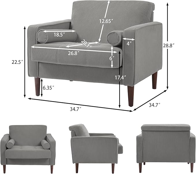 Oversized Accent Chair Set of 1, Corduroy Fabric Mid Century Modern Armchair with Large Seat for Living Room Bedroom Reading
