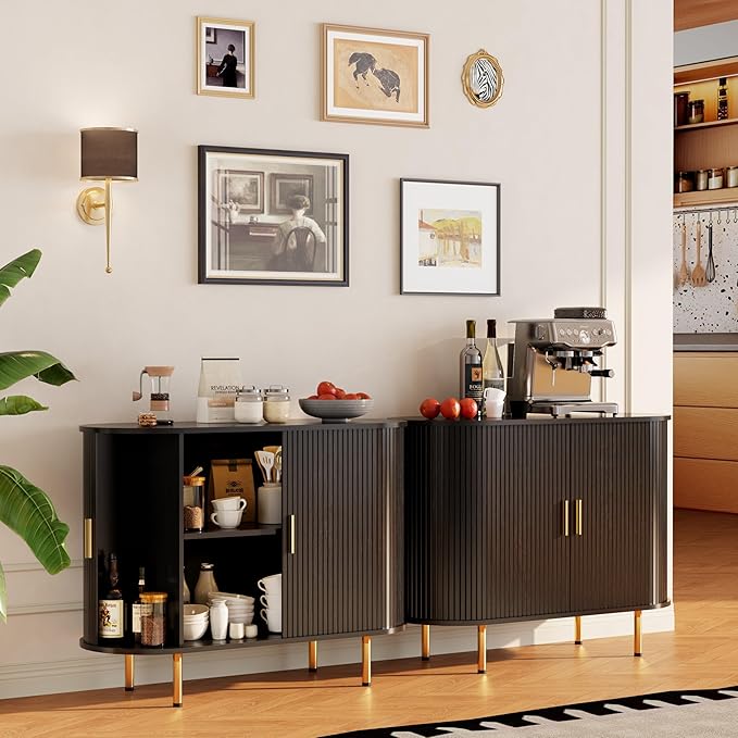 DHH Storage Cabinet, Fluted Sideboard Buffet Cabinet with Tambour Sliding Doors& Adjustable Shelf, Accent Coffee Bar Console Table for Kitchen, Living Room, Entryway (Black, 40 Inch)