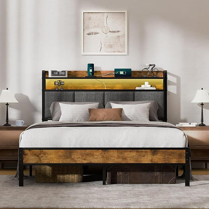 Z-hom Full Bed Frames, Full Bed Frame with 2-Tier Storage Upholstered Headboard, Metal Platform with USB Charging Station & LED Lights, Noise Free, No Box Spring Needed, Easy Assembly, Vintage Brown