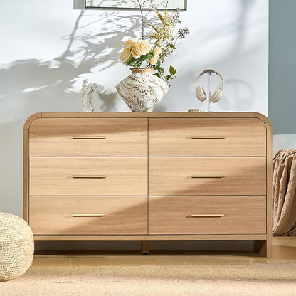 Curved 6-Drawer Dresser for Bedroom, 54" Wide Modern Chest of Drawers, Vanity Desk TV Stand for Living Room, Closet Storage Drawers Organizer Furniture, Nursery, Hallway, Oak