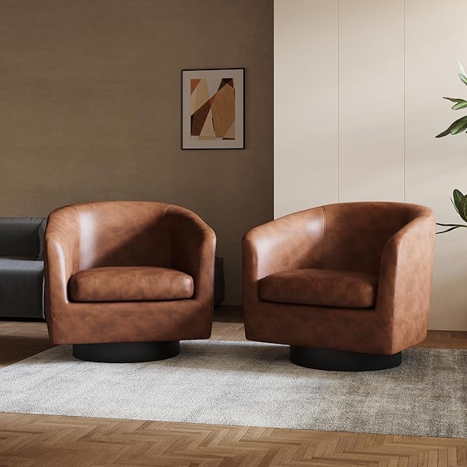 Lumibee Swivel Accent Chairs Set of 2, Faux Leather Swivel Barrel Chairs for Living Room, Modern Comfy Upholstered Round Armchairs Single Sofa Chairs for Bedroom, Club-Coffee