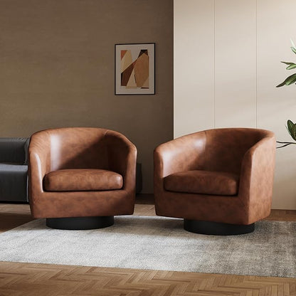 Lumibee Swivel Accent Chairs Set of 2, Faux Leather Swivel Barrel Chairs for Living Room, Modern Comfy Upholstered Round Armchairs Single Sofa Chairs for Bedroom, Club-Coffee