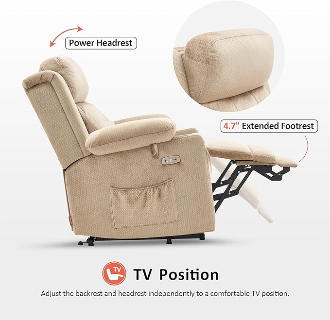 MCombo Small Triple Motor Power Lift Recliner Chair with Massage and Heat for Petite Elderly People, Adjustable Headrest, Infinite Position, USB Ports, Fabric 7664 (Beige, Small)