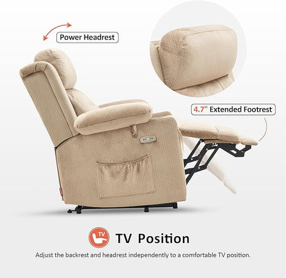 MCombo Small Triple Motor Power Lift Recliner Chair with Massage and Heat for Petite Elderly People, Adjustable Headrest, Infinite Position, USB Ports, Fabric 7664 (Beige, Small)