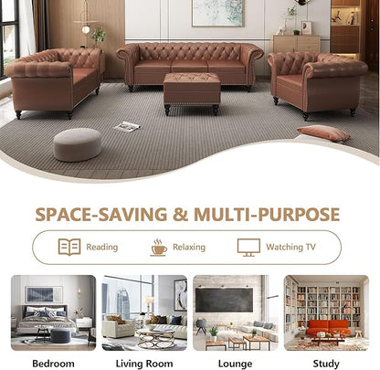Living Room Chair, Modern Leather Chesterfield Sofa Chair, Mid Century Single Sofa Couch Chair with Tufted Back and Rolled Arms, Accent Sofa Chair for Living Room Apartment, Brown