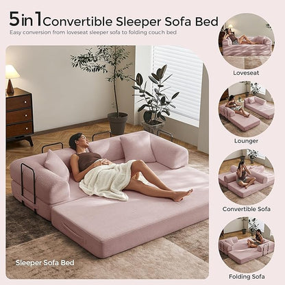 79" Convertible Sofa Bed with Fixed-Shape Frame & Removable Armrests, Modular Corduroy Sleeper Sofa, Folding Mattress Couch for Small Spaces - No Assembly Needed in Pink (Includes 2 Pillows)