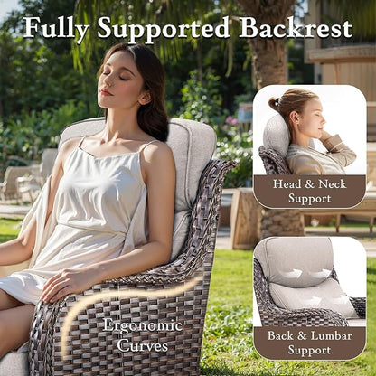 Luxury High Back Outdoor Furniture with 6-inch Extra Thick Cushions, Patio Furniture Set with Fire Pit Table & Swivel Chairs, 7 PCS Wicker Conversation Set for Yard, Deck, Poolside, Brown/Beige