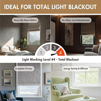 Madison Park Cordless Roman Shades, Total Blackout Window Blind Privacy Window Shades, Thermal Insulated Cordless Window Treatment for Bedroom, Living Room, Quincy, Single Panel 35" W X 64" H Linen
