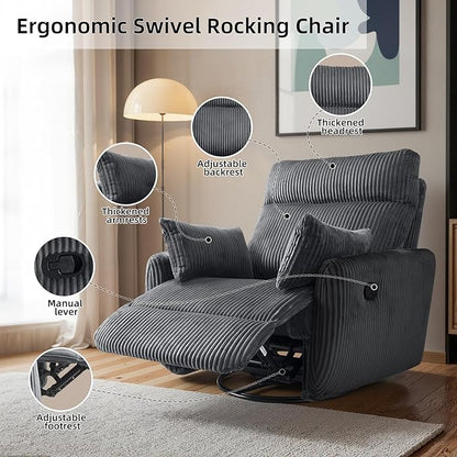 Swivel Recliner Chair for Adults, Corduroy Nursery Glider Rocking Chair, Armchair with 2 Pillows, Comfy High Back Reclining for Small Spaces, Nursery Bedroom Living Room (Corduroy Gray, 1 Pack)