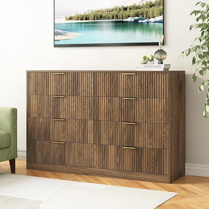 8 Drawer Dresser for Bedroom, Modern Fluted Double Dresser, 55" Wide Chest of Dressers, Mid Century Wooden Beside Table for Closet, Living Room and Entryway, Natural