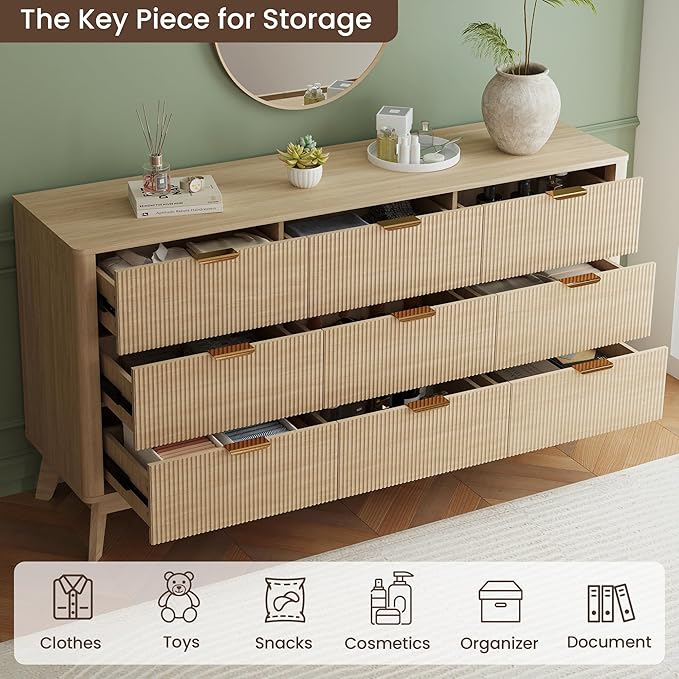 SUNWAVE Fluted 9 Drawer Dresser for Bedroom, 59.1" Wide Modern Large Dresser with Round Corner, Wood Drawer TV Stand for Living Room