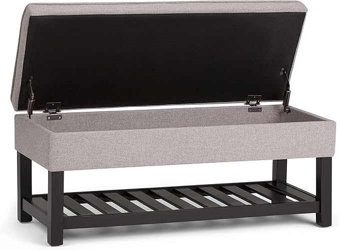SIMPLIHOME Cosmopolitan 44 inch Wide Transitional Rectangle Storage Ottoman Bench with Open Bottom in Cloud Grey Linen Look Fabric, Assembled for the Living Room and Bedroom